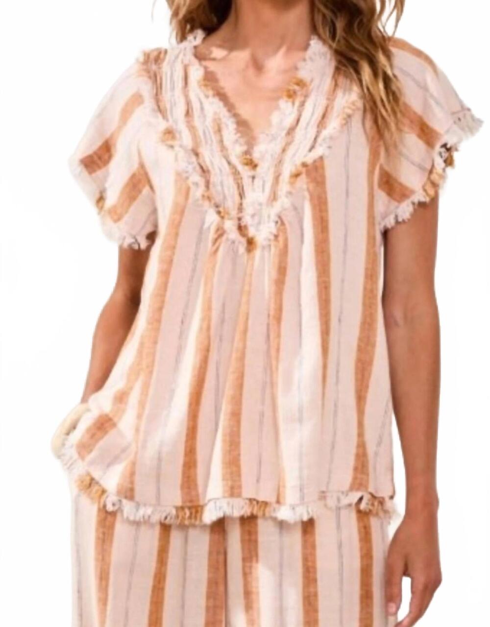 NEW TRIBAL raw edge and smocking blouse in sahara beige